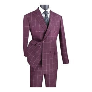 MEN'S VINCI 2 PIECE MODERN FIT WINDOWPANE DOUBLE BREASTED SUIT. MDW-1 WINE-WHITE